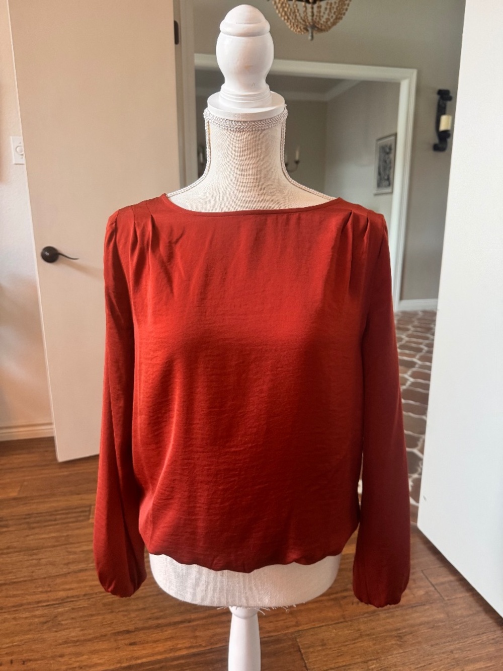 LOFT Rust Orange Satin Long Sleeve Pleated Shoulder Blouse Size XS